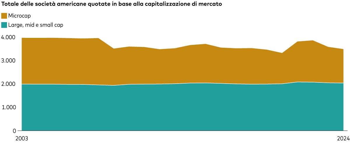 il grafico illustra che il numero di società americane investibili è rimasto stabile mentre è variato quello delle micro cap.
