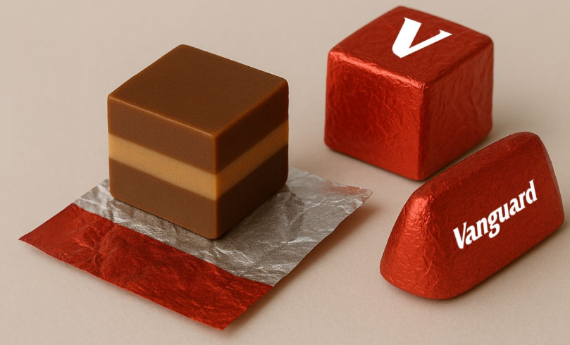 Cioccolatini rossi con logo Vanguard, uno scartato mostra strati di cioccolato.